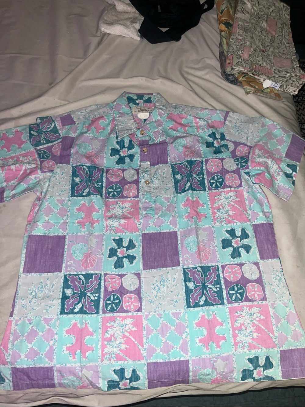 Casual Patchwork Short-Sleeve Button Down Shirt - Pastel Pink, Teal & Lavender